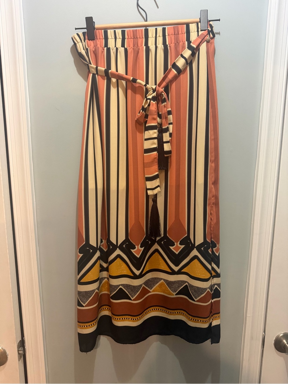 H&M Rust, Cream, Black & Mustard Striped Midi Skirt